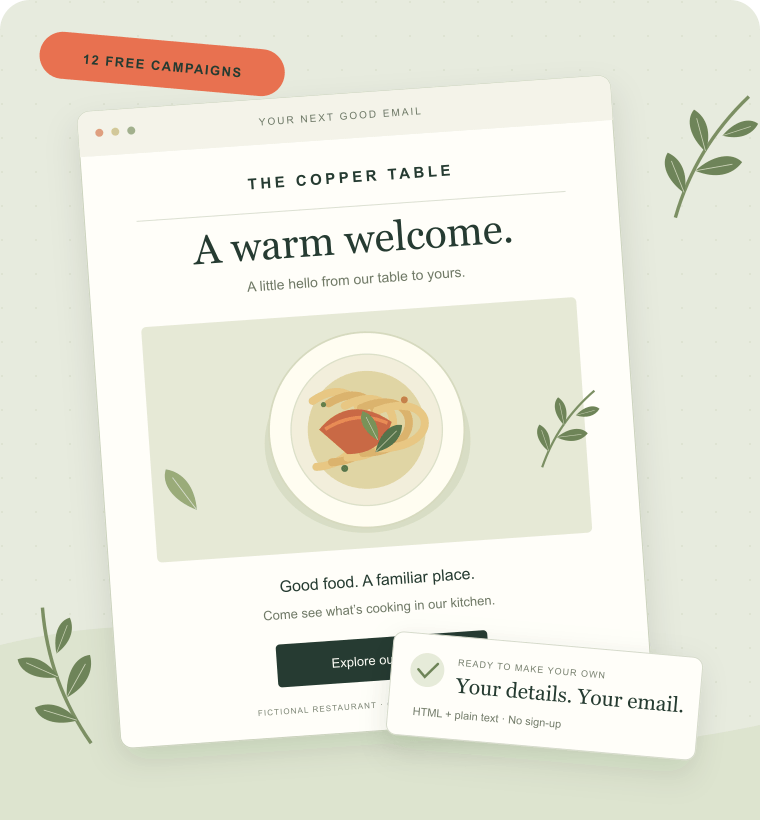 Original illustration of a welcome email for the fictional Copper Table restaurant, with a menu invitation and a ready-to-customize campaign card