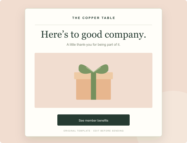Original preview of the member anniversary template for a fictional restaurant