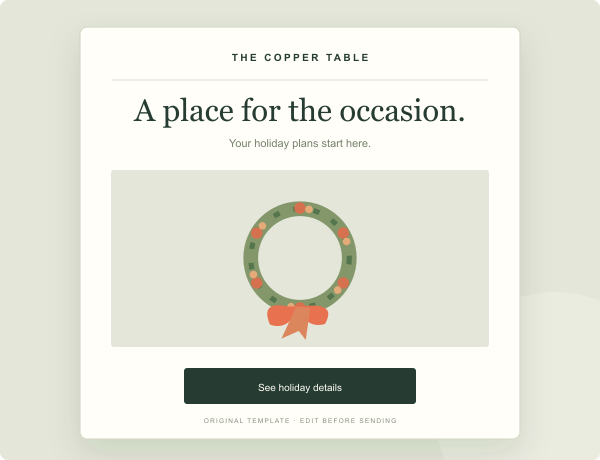 Original preview of the holiday plans template for a fictional restaurant