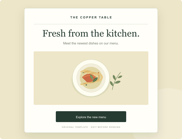 Preview of the free restaurant new menu email template