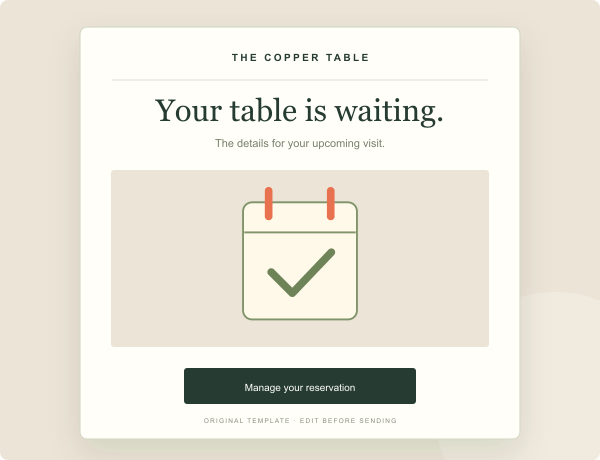 Original preview of the reservation reminder template for a fictional restaurant