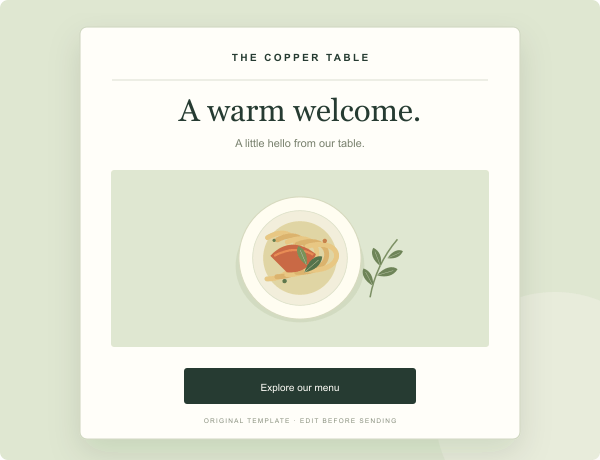 Preview of the free restaurant welcome email template