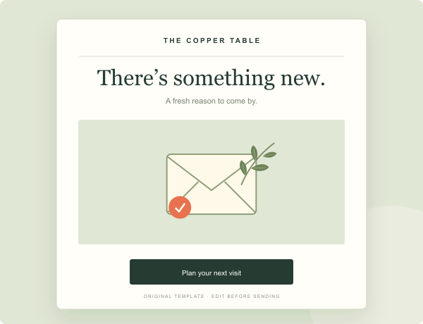 Original preview of the win-back email template for a fictional restaurant